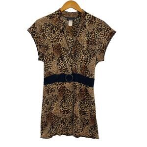 Britney Black Top Womens Size XL Brown Leopard Print V-Neck Cap Sleeve Boss Lady